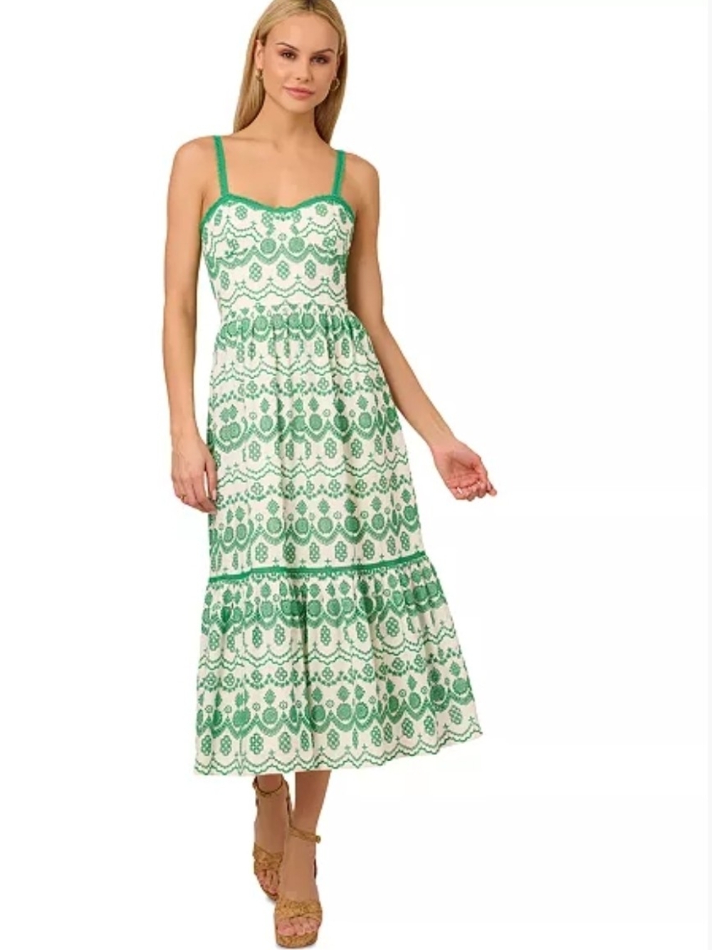 Green and White Lace-Pattern Midi Dress - Sleeveless Summer Style